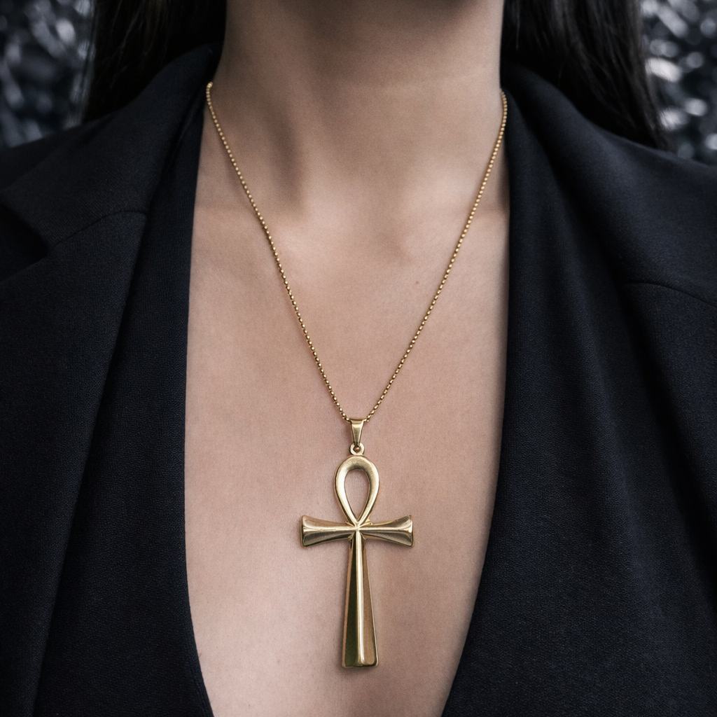 Collar de acero quirúrgico dorado con dije de cruz Ankh de 6 x 4 cm y cadena de 58 cm, usado en el cuello con outfit elegante negro.